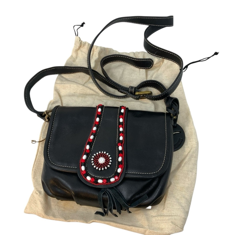 Pikolinos Leather Crossbody‎ Black Beaded Fringe Bag Flap Closure Handbag Purse